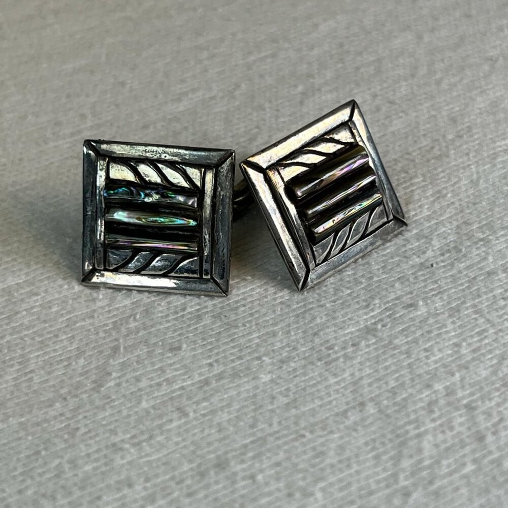 Vintage Silver Abalone Square Cuff Links Stamped 925/Handmade Formal Gift Weddin